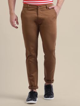 AM SWAN - Brown Solid Cotton Blend Regular Fit Men's Casual Trousers