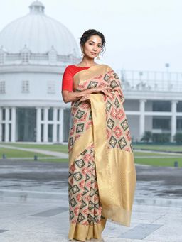 Beatitude - Cream Banarasi Silk Jacquard Work Saree with Unstitched Blouse