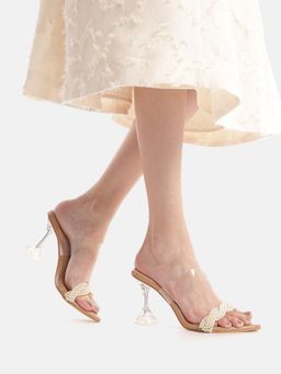 AXIUM - Pearl Embellished Beige Transparent Hourglass Heels