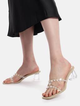AXIUM - Women's Nude Beige Pearl Embellished Transparent Heels