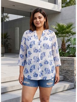 Qurvii - White Floral Print Mandarin Collar Shirt