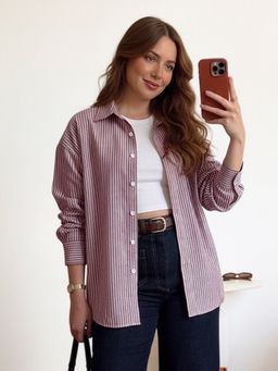 Urbano Fashion - Purple Cotton Full Sleeve Oversized Fit Striped Spread Collar Shirt