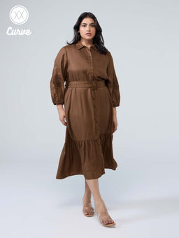 Twenty Dresses by Nykaa Fashion - Curve Coffee Brown Embroidered Midi Dress with Belt (Set of 2)