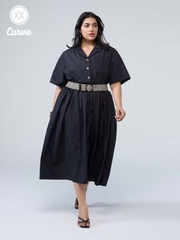 Twenty Dresses by Nykaa Fashion - Curve Black Notch Collar Midi Shirt Dress with Belt (Set of 2)
