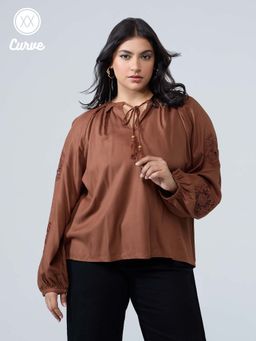 Twenty Dresses by Nykaa Fashion - Curve Coffee Brown Embroidered Round Neck Full Sleeves Top