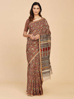 Fabindia - Red Cotton Silk Saree Without Blouse