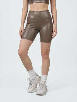 Fitkin - Women Luxe Brown Foil Matte High-Waist Performance Shorts