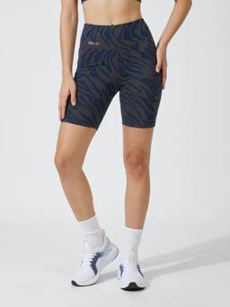Fitkin - Women Luxe Navy Blue Zebra Printed High-Waist Performance Shorts