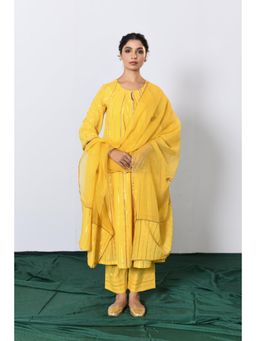 Pink Cactii - Peetambar Yellow Lurex Round Neck Anarkali Kurta with Pant and Dupatta (Set of 3)