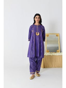 Pink Cactii - Raatrani Purple Lurex Round Neck A-Line Kurta with Pant (Set of 2)