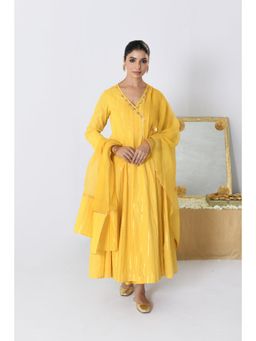 Pink Cactii - Shagun Yellow Angrakha Anarkali Kurta with Pant and Dupatta (Set of 3)