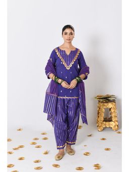 Pink Cactii - Nayantara Purple Lurex Round Neck Short Kurta with Patiala and Dupatta (Set of 3)