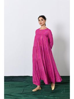 Pink Cactii - Rangmala Pink Multi Color Zari Lurex Tiered Anarkali with Pants (Set of 2)