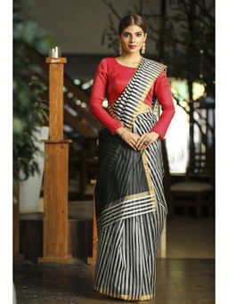 Beatitude - Black and White Stripes Handwoven Maheshwari Saree with Unstitched Blouse