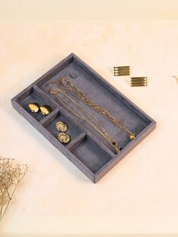 The Big Trove - 3 Chain Hooks & Grid Grey Small Velvet, Jewellery Organizer Tray For Wardrobe Closet