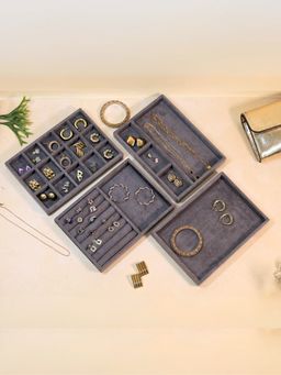 The Big Trove - Set Of 4 Grey Velvet Jewellery Organizer Trays For Wardrobe Closet