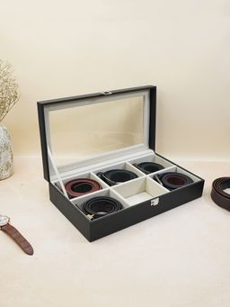 The Big Trove - 6 Slot Black Leatherette Belt Organizer Box For Wardrobe Closet