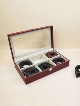The Big Trove - 6 Slot Burgundy Leatherette Belt Organizer Box For Wardrobe Closet