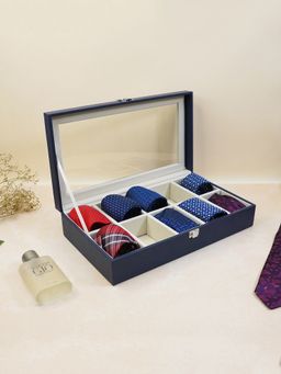 The Big Trove - 10 Slot Blue Leatherette Tie Organizer Box For Wardrobe Closet