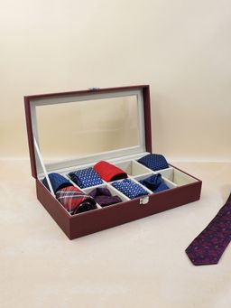 The Big Trove - 10 Slot Burgundy Leatherette Tie Organizer Box For Wardrobe Closet