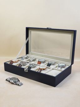 The Big Trove - 10 Slot Blue Leatherette Watch Organizer Box For Wardrobe Closet