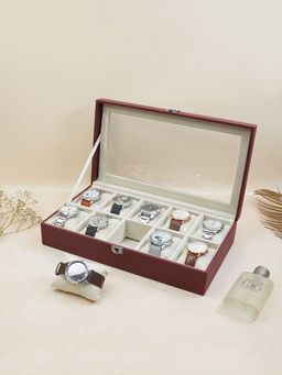 The Big Trove - 10 Slot Burgundy Leatherette Watch Organizer Box For Wardrobe Closet
