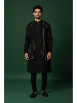 KISAH - Black Striped Jacket Kurta with Churidar