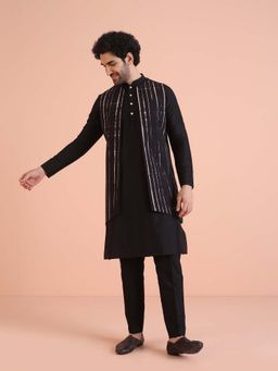 KISAH - Black Cotton Printed Jacket with Kurta & Trouser