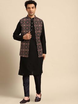 KISAH - Black Multicolour Motif Jacket with Kurta & Trouser