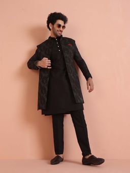 KISAH - Black Silk Blend Jacquard Sherwani Kurta & Trouser