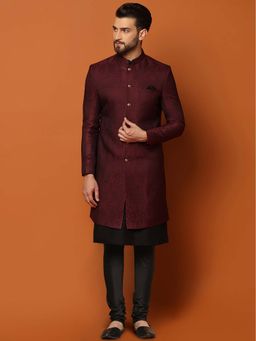 KISAH - Maroon Jacquard Indo-Western Sherwani Black Kurta and Churidar