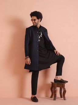 KISAH - Navy Blue Silk Blend Woven Sherwani Kurta with Trouser