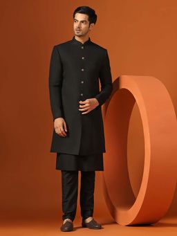 KISAH - Black Silk Blend Textured Front Open Sherwani Kurta with Trouser