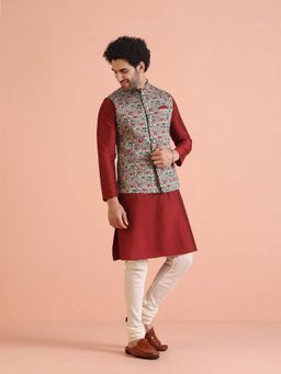 KISAH - Multi-Coloured Cotton Floral Nehru Jacket with Kurta & Trouser