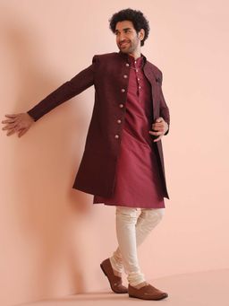 KISAH - Maroon Silk Blend Indo-Western Sherwani with Trouser with Jacquard Jacket