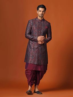 KISAH - Maroon Silk Blend Jacquard Sherwani Kurta & Dhoti
