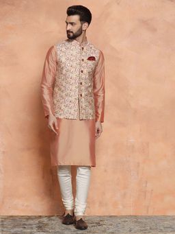 KISAH - Pink Silk Blend Embroidered Jacket with Kurta and Churidar