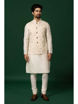 KISAH - Cream Art Silk Embroidered Nehru Jacket Bundi with Kurta Churidar