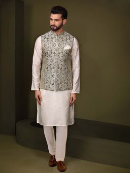 KISAH - Grey Silk Woven Paisley Nehru Jacket with Kurta & Trouser
