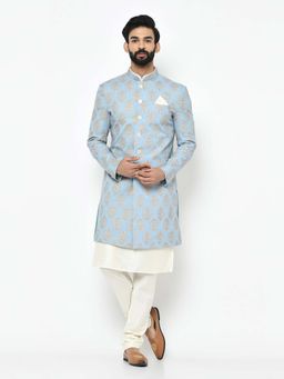 KISAH - Mens Light Blue Silk Blend Jacquard Kurta Sherwani with Trouser
