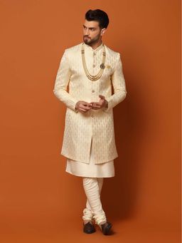 KISAH - Mens Cream Jacquard Sherwani Kurta with Churidar