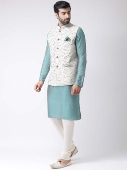 KISAH - Cream Printed Jacket Aqua Kurta with Churidar