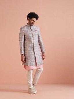 KISAH - Mens Pastel Cotton Silk Printed Indowestern Sherwani Kurta with Trouser