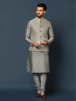 KISAH - Grey Silk Blend Textured Nehru Jacket with Kurta and Churidar