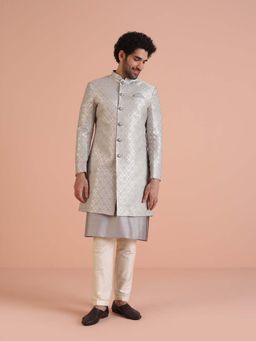 KISAH - Grey Silk Blend Woven Sherwani Kurta with Trouser