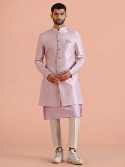 KISAH - Mens Lilac Cotton Silk Printed Sherwani Kurta with Trouser