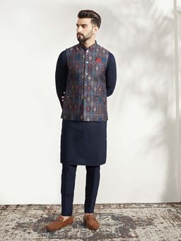 KISAH - Multi Color Textured Nehru Jacket Navy Kurta with Trouser