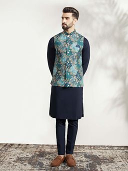 KISAH - Blue Silk Printed Nehru Jacket with Kurta & Trouser