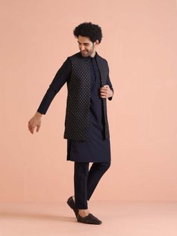KISAH - Navy Blue Silk Blend Woven Nehru Jacket with Kurta & Trouser