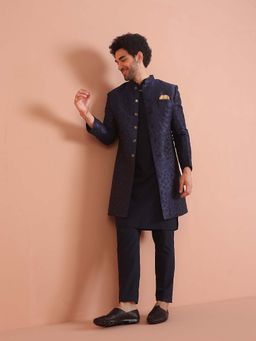 KISAH - Navy Blue Silk Blend Textured Sherwani Kurta with Trouser